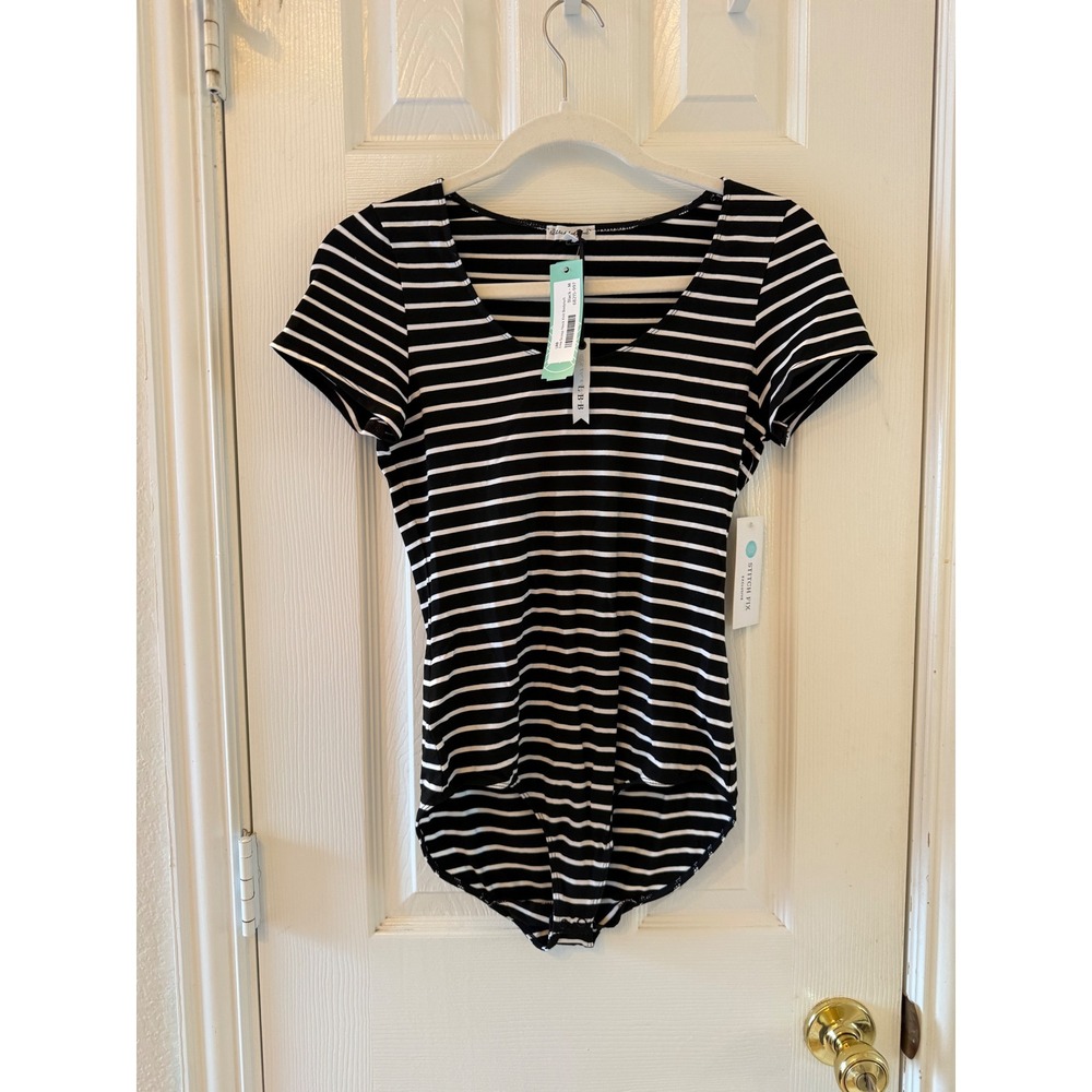 Little Black Bodysuit Enia Scoop Neck Striped Knit Bodysuit Black M NWT‎